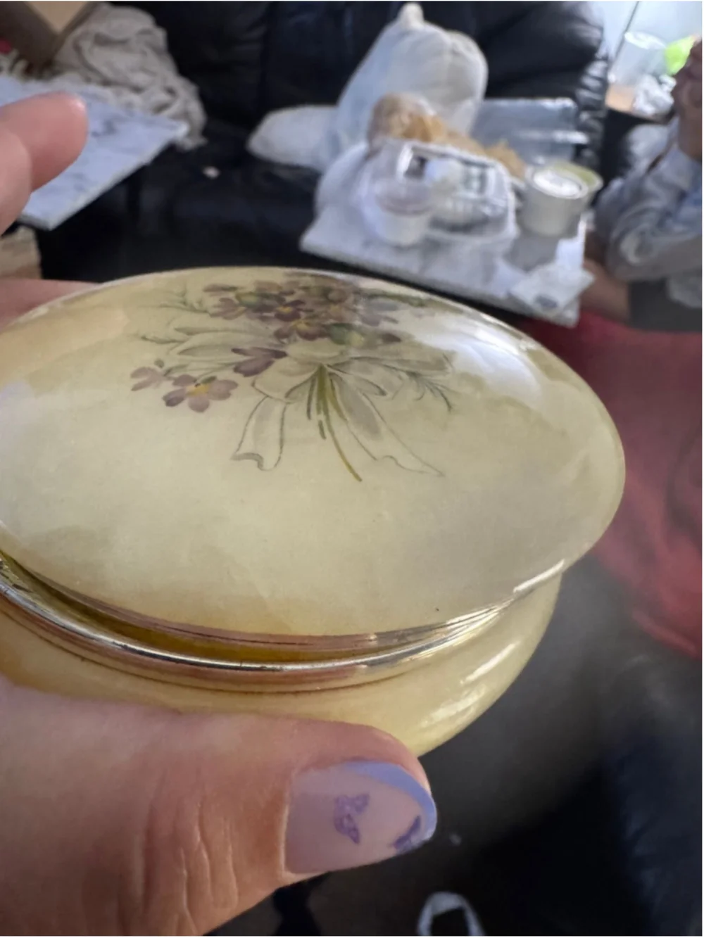 Vintage Italian Alabaster Marble Jewelry Trinket Box Floral Bouquet Round